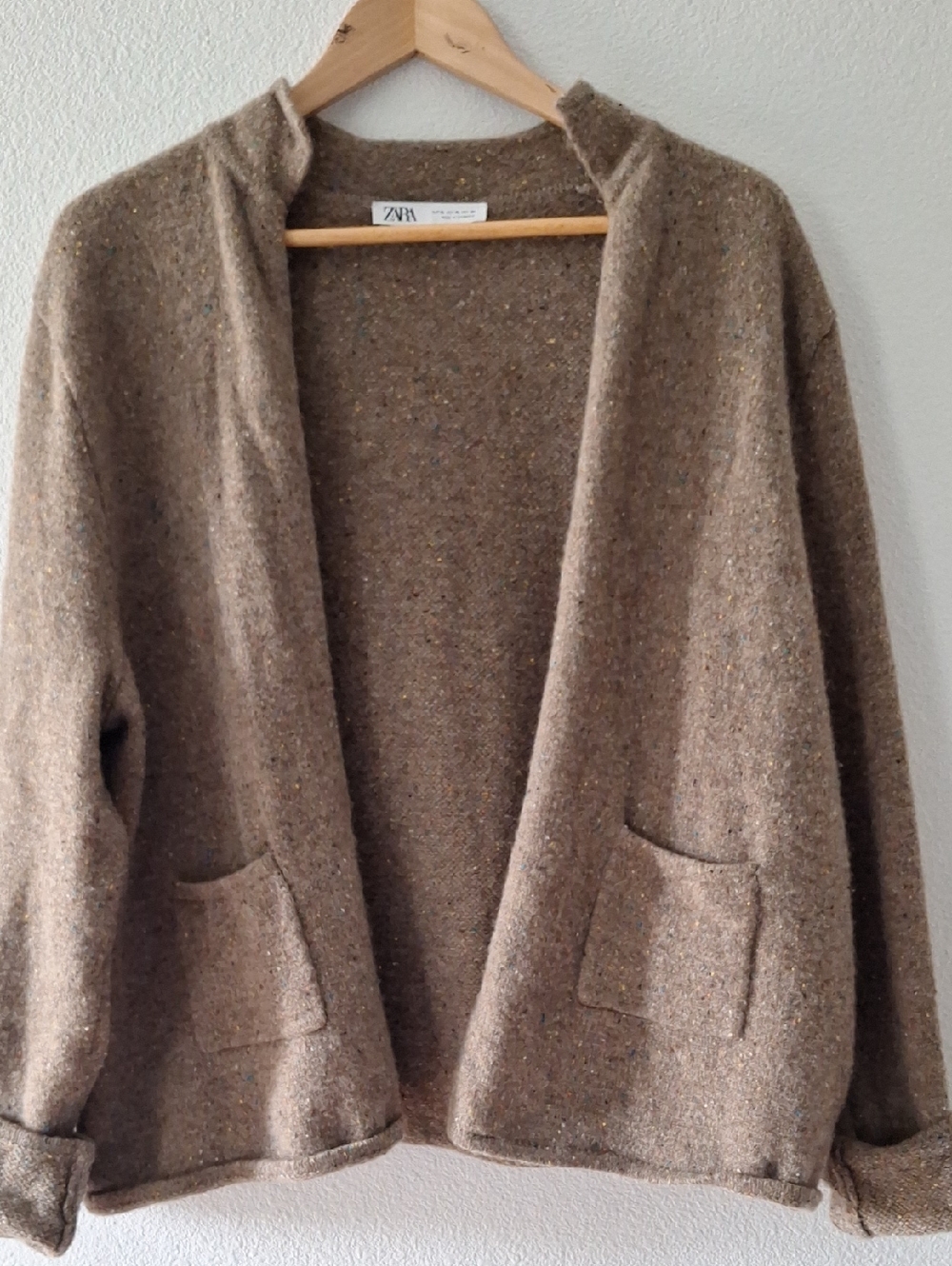 Zara Taupe-Brown Open-Front Pocket Cardigan